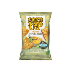 CornUp! Popped Tortilla Chips Nacho Cheese and Juicy Jalapenos 60g – light air-popped corn snack