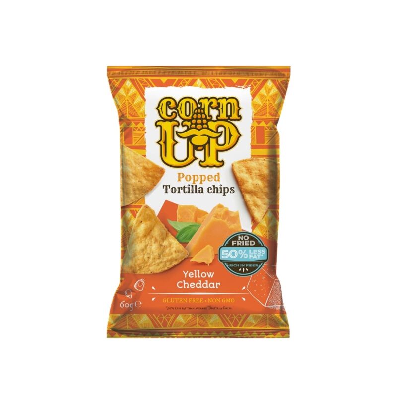 CornUp! Popped Tortilla Chips Yellow Cheddar 60g – light air-popped corn snack