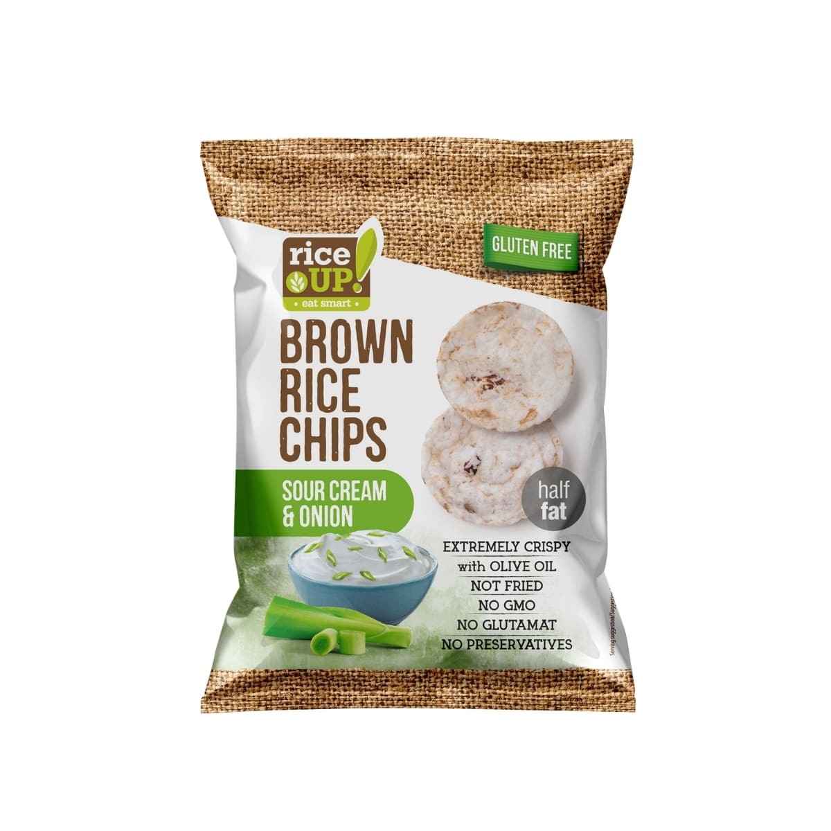 RiceUP! Brown Rice Chips Sour Cream & Onion 25g RiceUp! Brown Rice Chips Sour Cream and Onion 25g – light crispy wholegrain snack chips