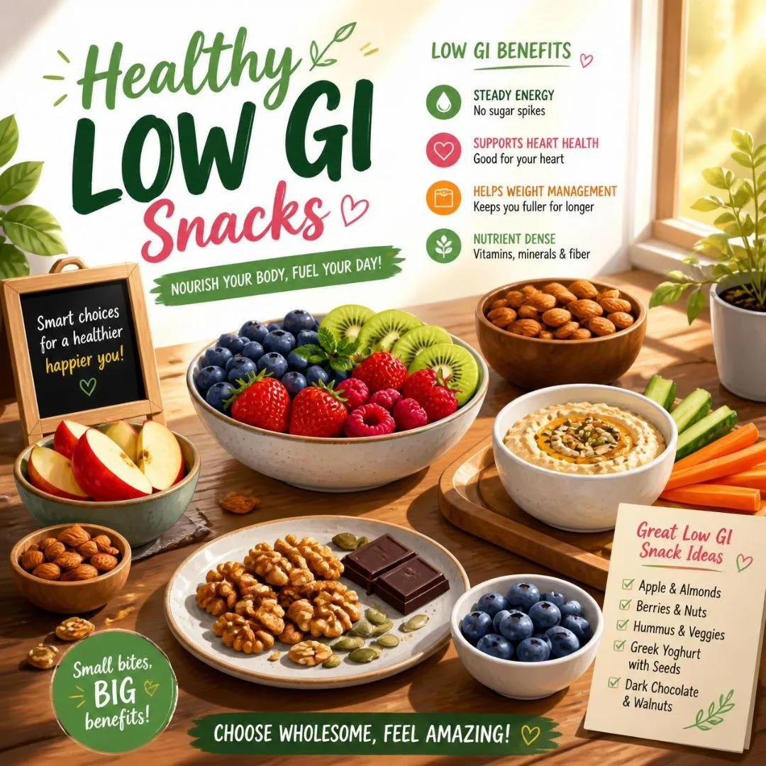 Healthy Low GI snacks with fresh fruits and nuts for a nutritious diet.