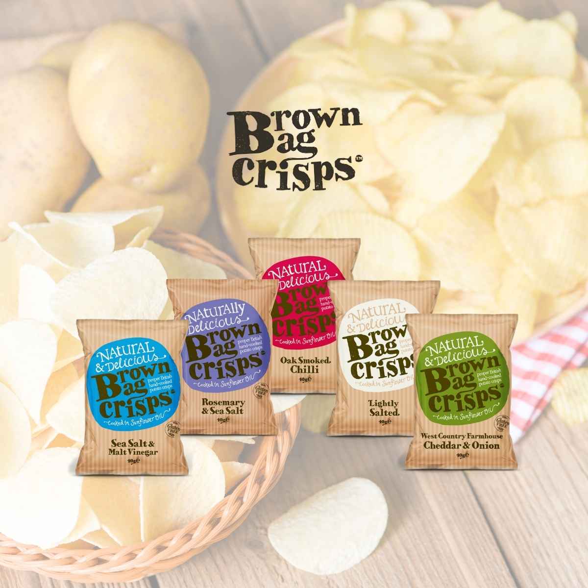 Brown Bag Crisps hand-cooked potato chips in a kraft paper bag, a premium healthy snack available at Yes2HealthyLife Singapore.