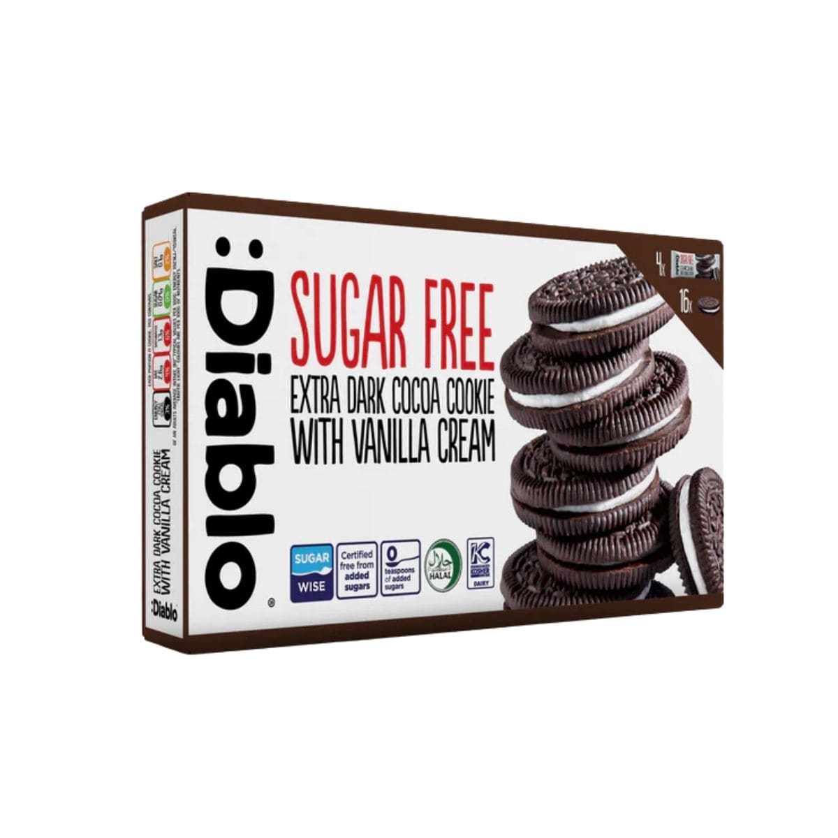 Diablo SF Extra Dark Sandwich Cookies with Vanilla Cream 176g Diablo Sugar-Free Extra Dark Sandwich Cookies with Vanilla Cream 4 x 44g – intense dark cocoa sugar-free cookies