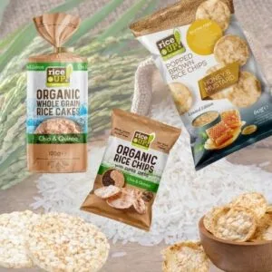 RiceUp whole grain rice cakes and rice chips, light crispy snack, gluten-free